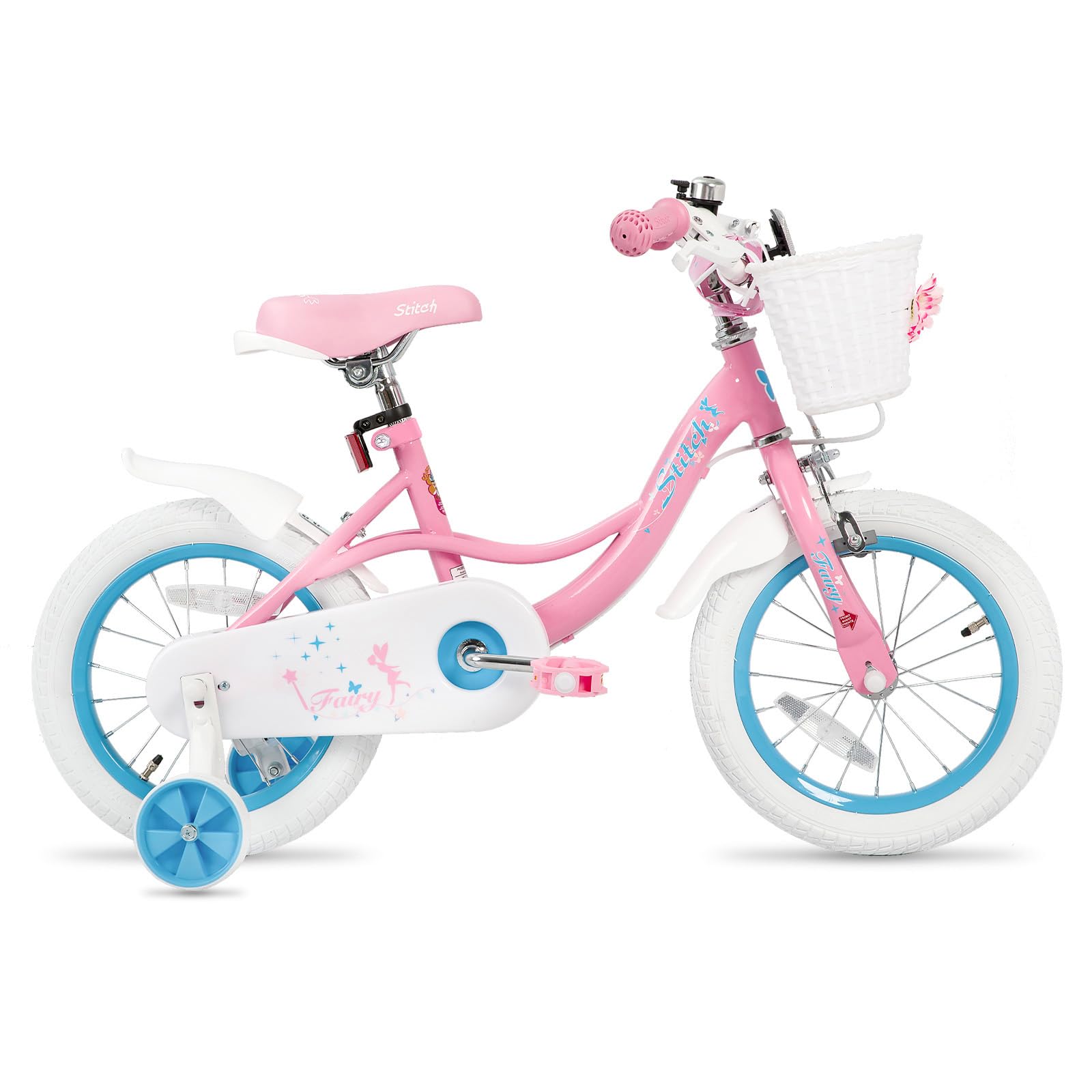 STITCH Fairy Girls 14 inch Kids Bike for Ages 3-5 Years Old Girls, 14 inch Girls Bike with Training Wheels and Basket,Pink