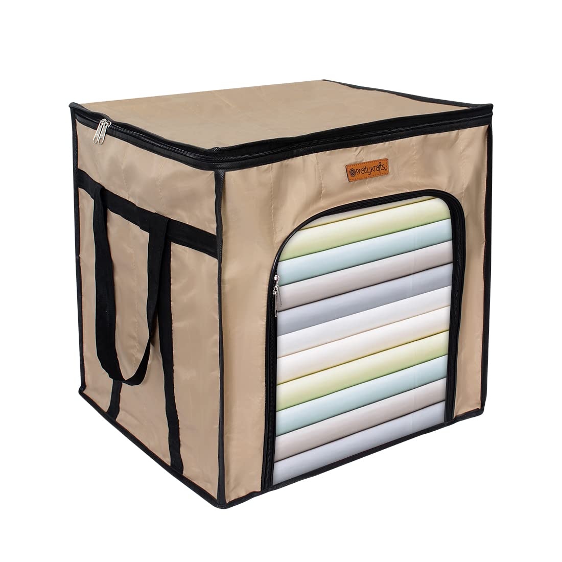 Pretty Krafts Set of 1 Parachute Fabric Large Capacity Clothes Storage Bag with Handle, Clear Window & Zipper | Quilt, Comforter & Blanket, Bedding Organiser | Foldable Storage Bag (43x35x43cm, Beige)-image-48