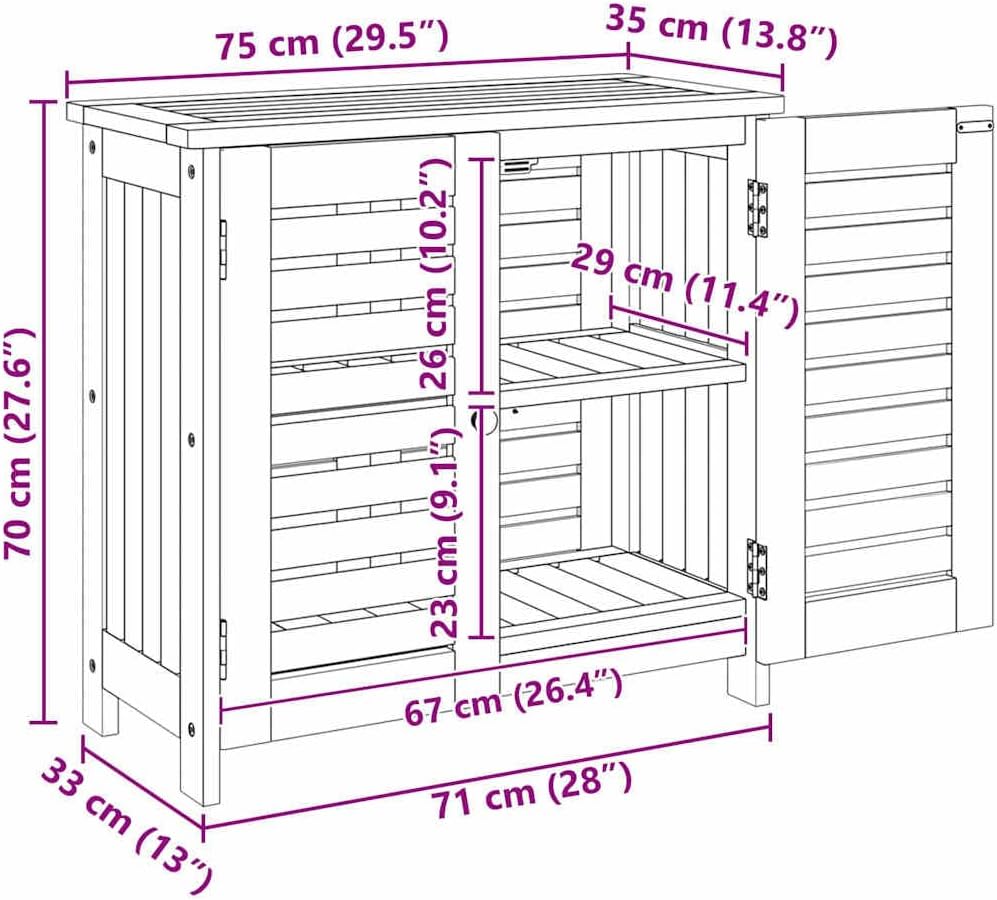 Technical drawing of the vidaXL Acacia Wood Garden Cabinet with detailed dimensions in centimeters and inches