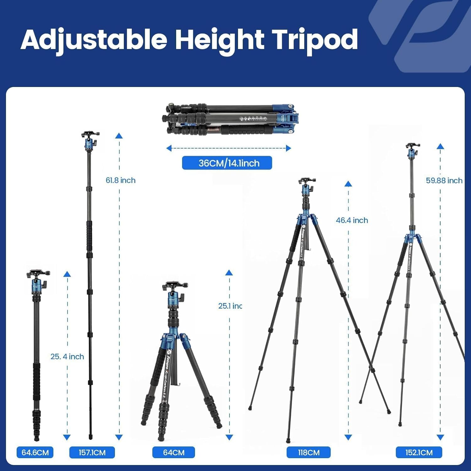 Fotopro 59" Carbon Fiber Travel Tripod Compact Camera Tripod with Ball Head Detachable Monopod with Quick Release Plate and Bag Load up to 8KG/17.63lbs X-GO E2 Blue
