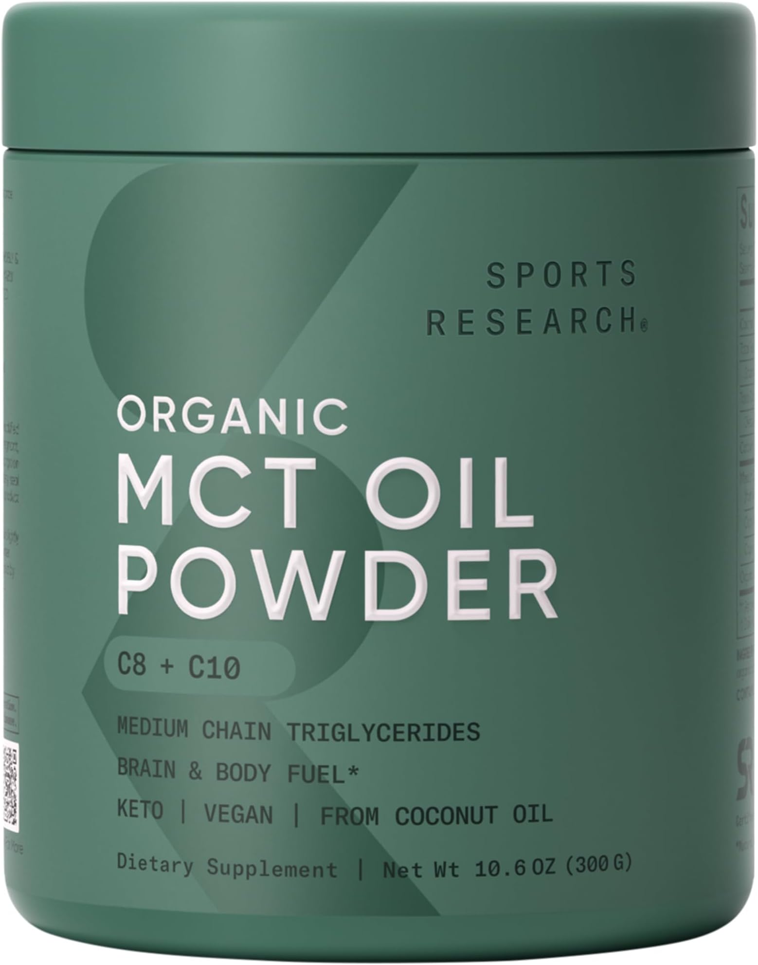 Sports Research Organic MCT Oil Powder - Keto & Vegan MCTs C8, C10 from Coconuts - Fatty Acid Brain & Body Fuel*, Non-GMO & Gluten Free - Unflavored, Perfect in Coffee, Tea & Protein Shakes - 10.6 oz