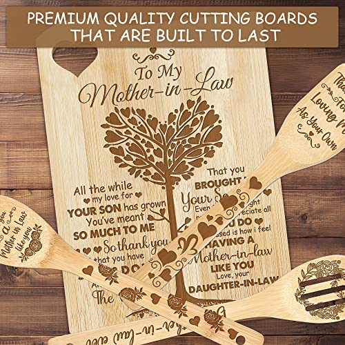 Mother In Law Gifts, Mother In Law Gifts For Mothers Day, Cutting Boards Gift With Utensil Set, Unique Engraved Bamboo Cutting Board Present For Mother In Law From Daughter In Law #TOP3