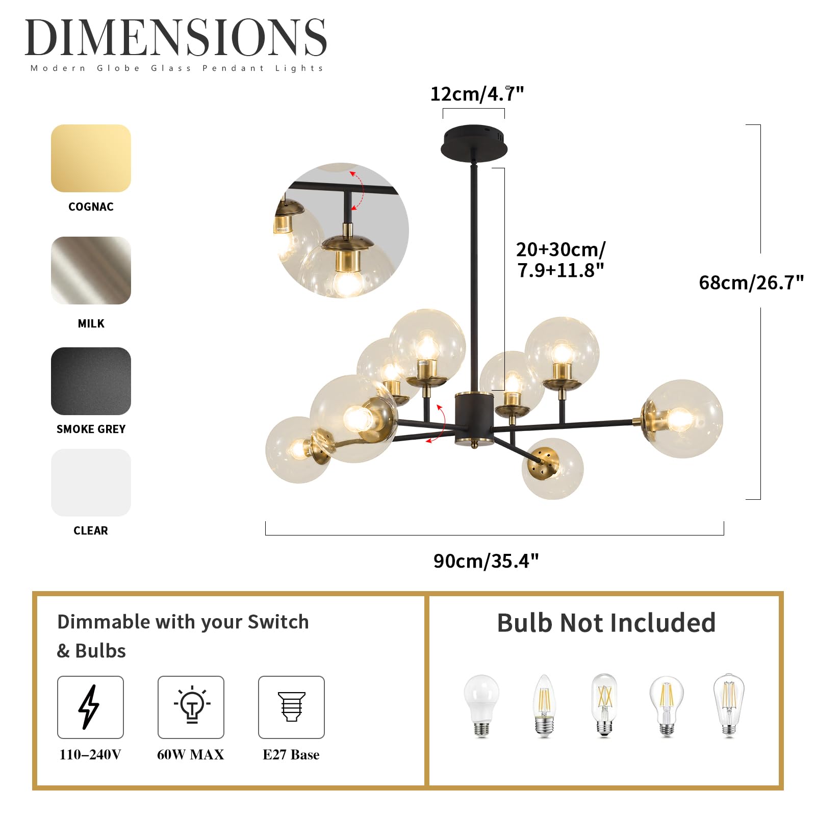 KCO Lampadario Sputnik Nero a 8 Luci per Soggiorno, Lampadario con Sfere di Vetro Ambra per Camera da Letto e Sala da Pranzo, Diametro 90 cm, Altezza Regolabile, Attacco E27