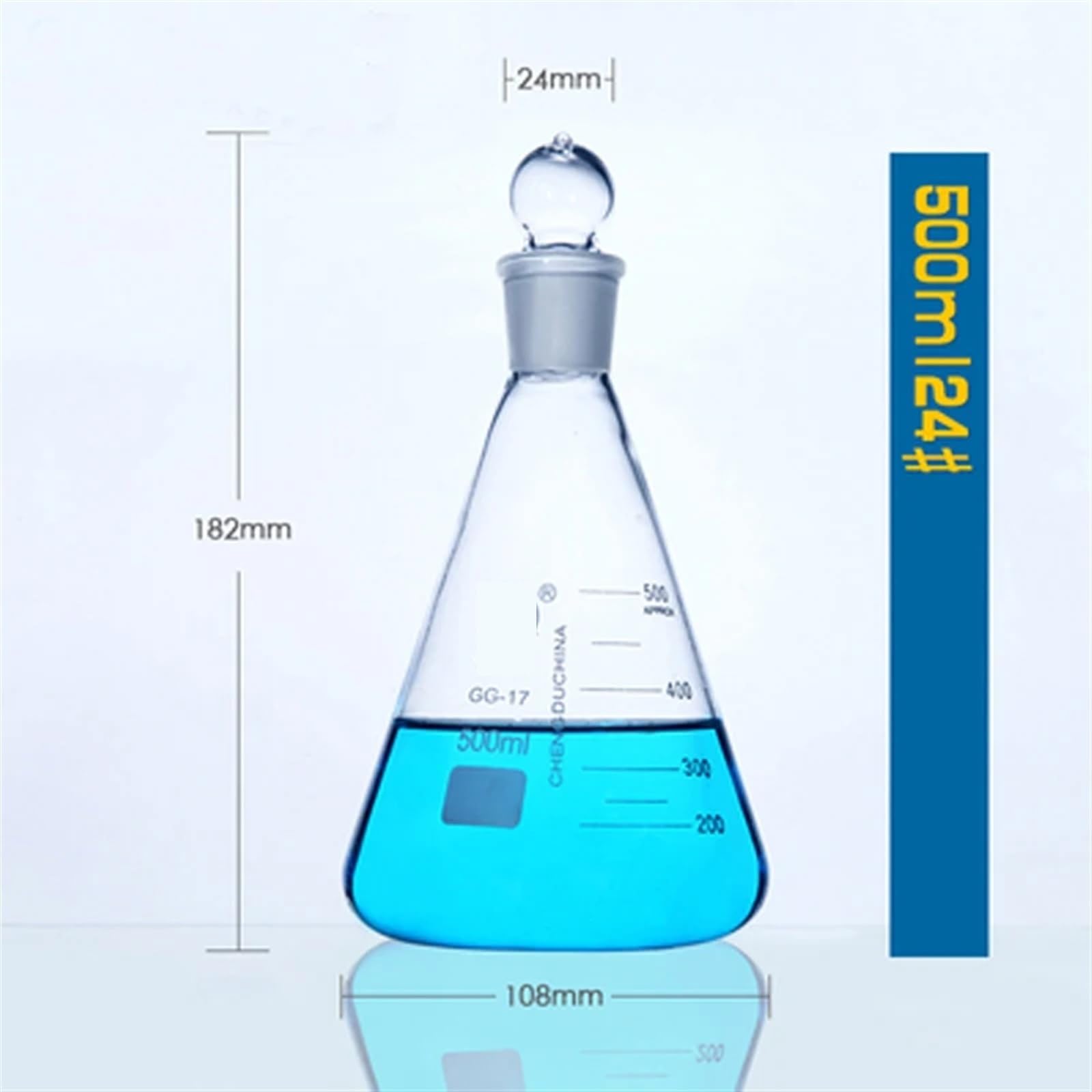 Borokrzemianowa kolba Erlenmeyera z podziałką, Szklana trójkątna kolba ze standardową chemią laboratoryjną Kolba stożkowa Zagęszczone szkło borokrzemianowe o wysokiej temperaturze(500ml caliber 29)