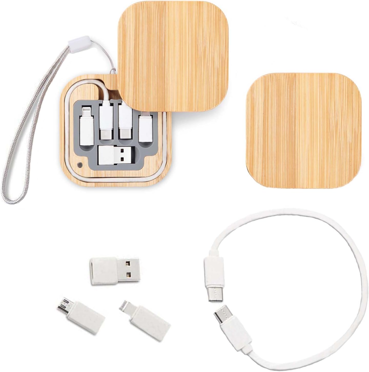100 PCS Square Bamboo Multi USB Charging Adapter Cable Kit for Travel USB Adapter Kit Bulk for Business Type-C USB Micro Ligntning Charger Cable Adapter Cable Kit Travel Data Cable