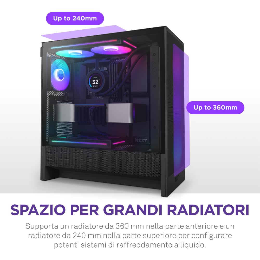 NZXT H5 Flow RGB - Case per PC da gaming mid-tower ATX compatto - Flusso d'aria elevato - Ventola F360 RGB Core (CV) inclusa - Supporto per radiatori da 360 mm (anteriore) - Nero