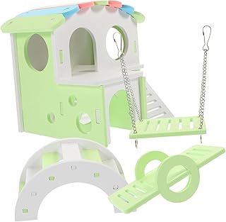 BUGUUYO 1 conjunto de brinquedos esportivos para sala de hamster, brinquedos de madeira para animais de chinchila, hamster, esconderijo, ponte de escada de hamster, camada dupla, cabana de hamster, brinquedo de escada para hamster, brinquedo de porquinho-da-índia
