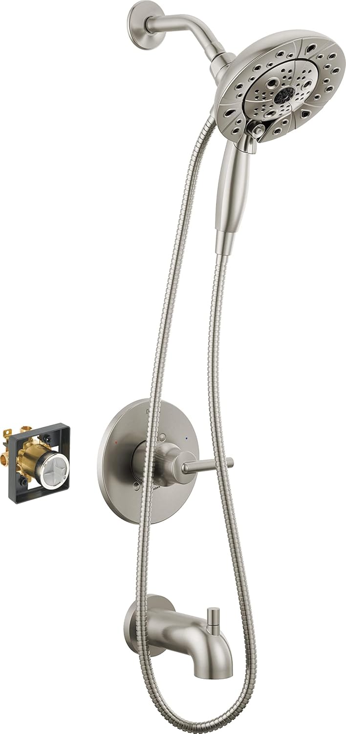 Delta Trinsic 14 Series 14 Series Brushed Nickel Bathtub Shower Faucet Set with In2ition 2-in-1 Dual Shower Head with HandHeld Spray Combo, Valve Trim Kit, Stainless (Valve Included)