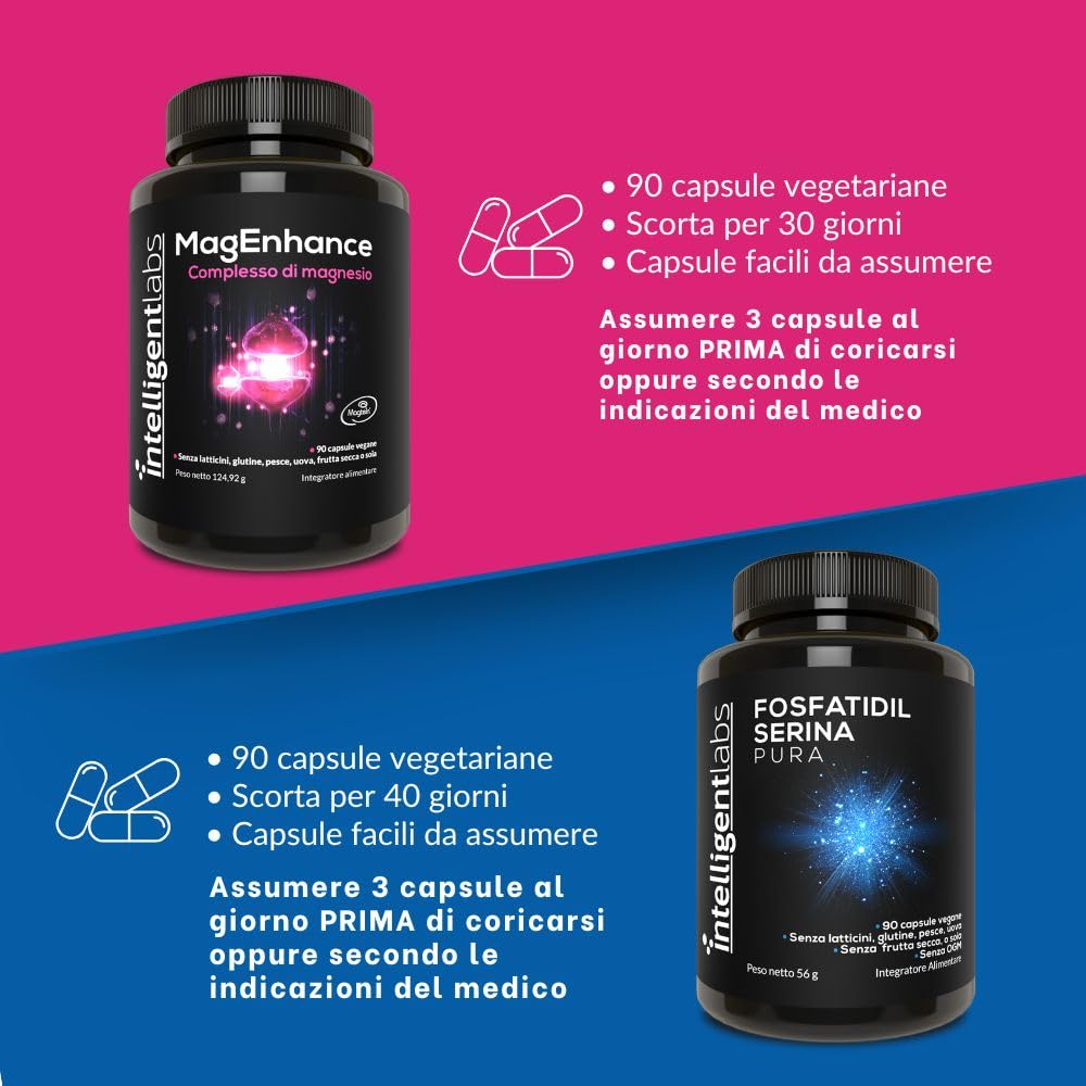 Intelligent Labs Bundle 2-in-1: MagEnhance (Magnesio L-Treonato, Glicinato e Taurato) e Fosfatidilserina senza Soia (da Girasole). Supporto Cognitivo per Memoria, Chiarezza Mentale e Buon Umore.