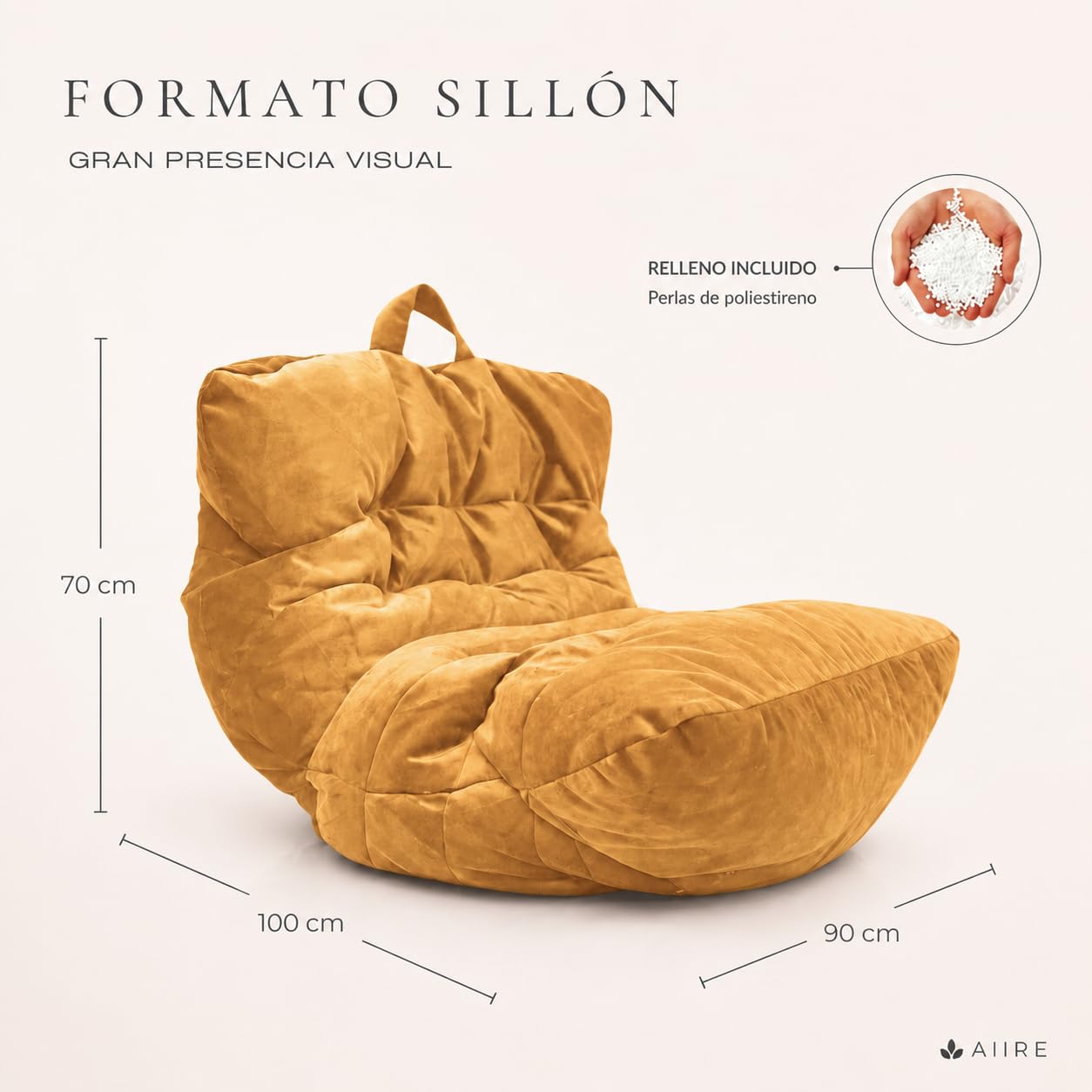 Aiire Relaxo Sitzsack XXL für Kuschelecke - Bean Bag Design aus Samtstoff mit Füllung - Riesen Sitzsäcke Erwachsene, Sitz Sack Flauschig - Bodenkissen Grob, Bodenstuhl, Bodensessel Gelb