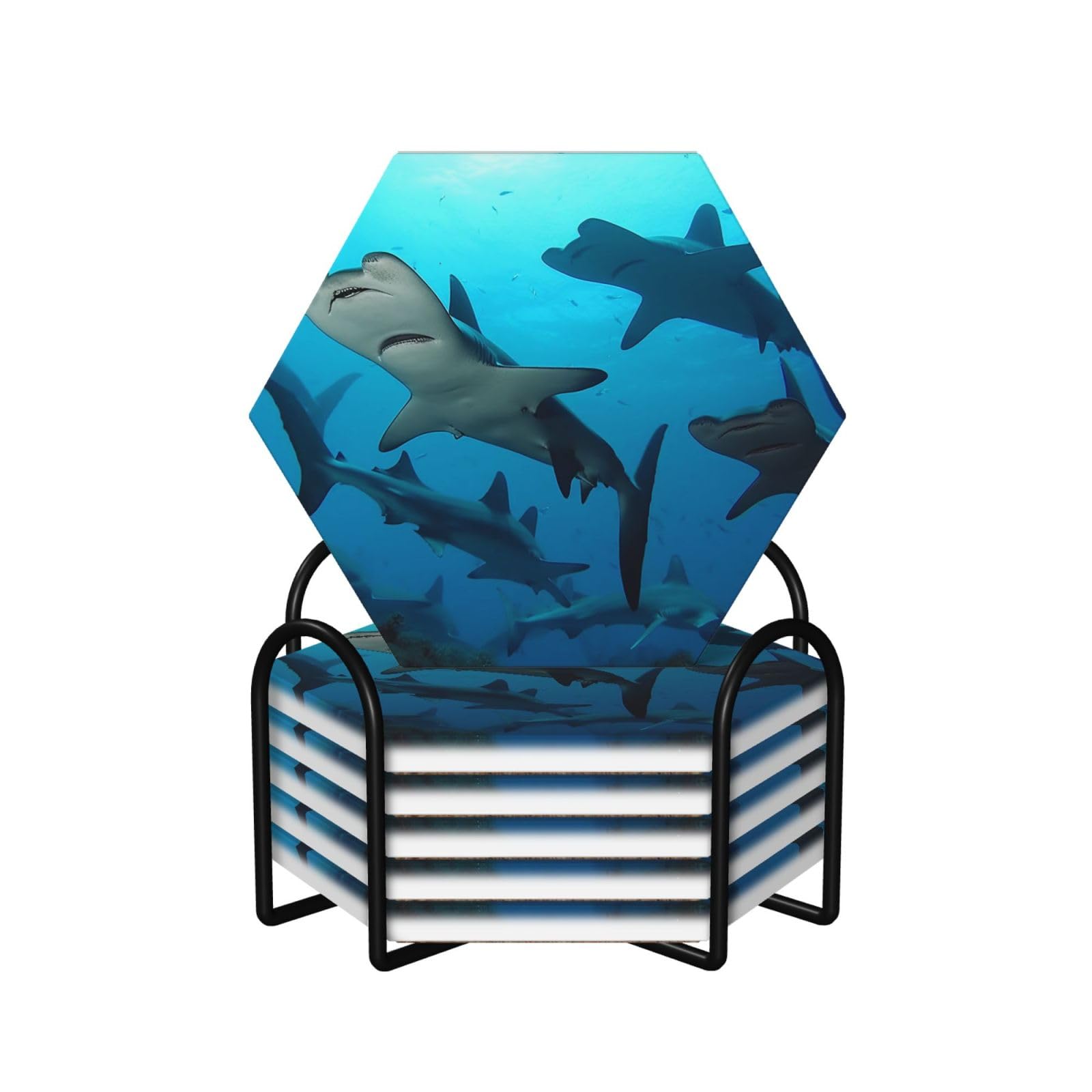 Dessous de verre avec support pour l'apéritif lot de 6 en céramique requins marteaux