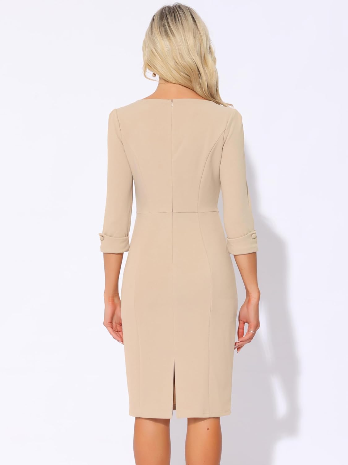 Allegra K Work Dress for Women 3/4 Sleeve Boat Neck Back Slit Business Bodycon Elegant Sheath Dresses - Image 2