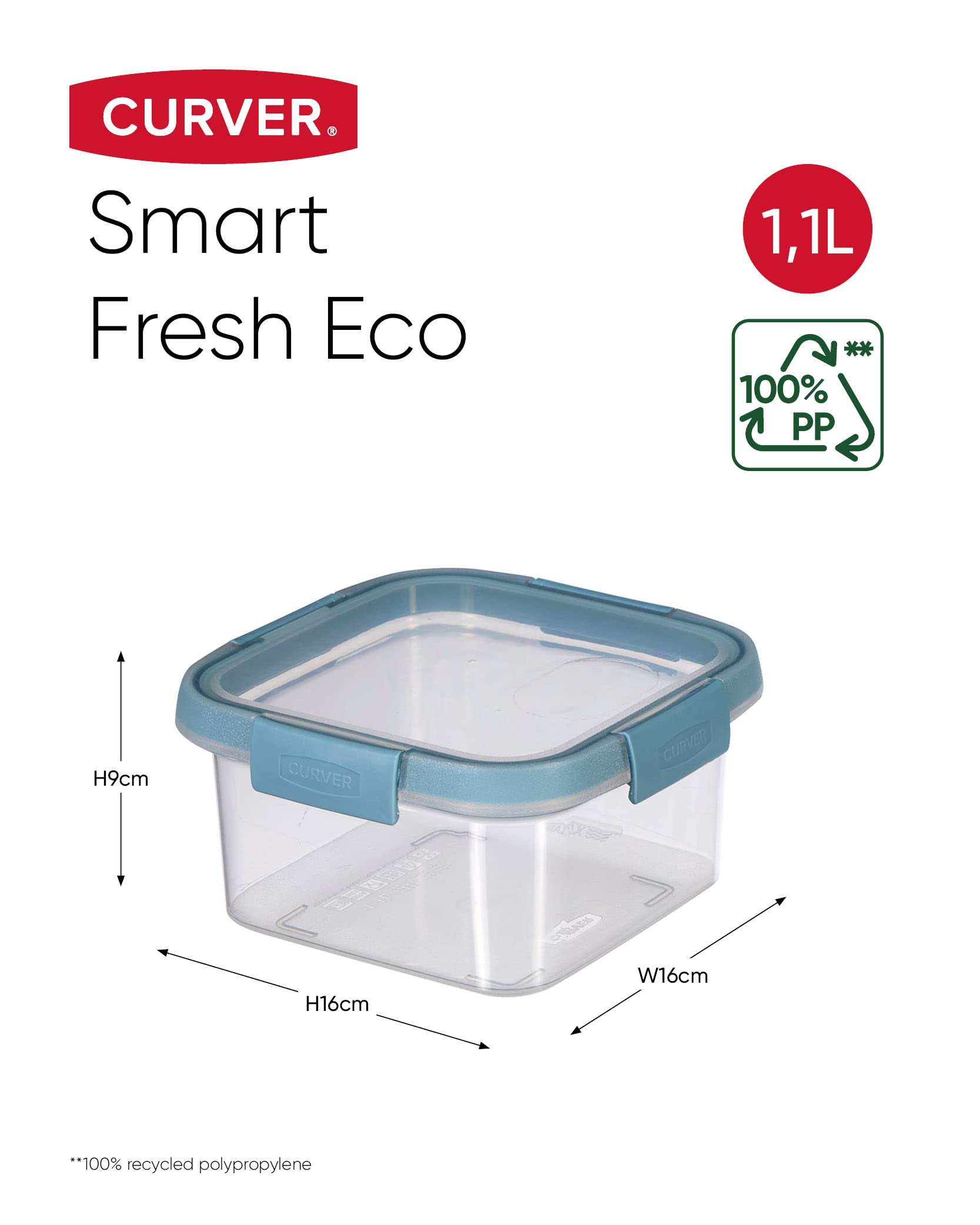 Curver Fresh ECO 4er Frischhaltedosenset 0,9l/1l/1,1l/1,2l, aus 100% recyceltem PP, Pastellblau