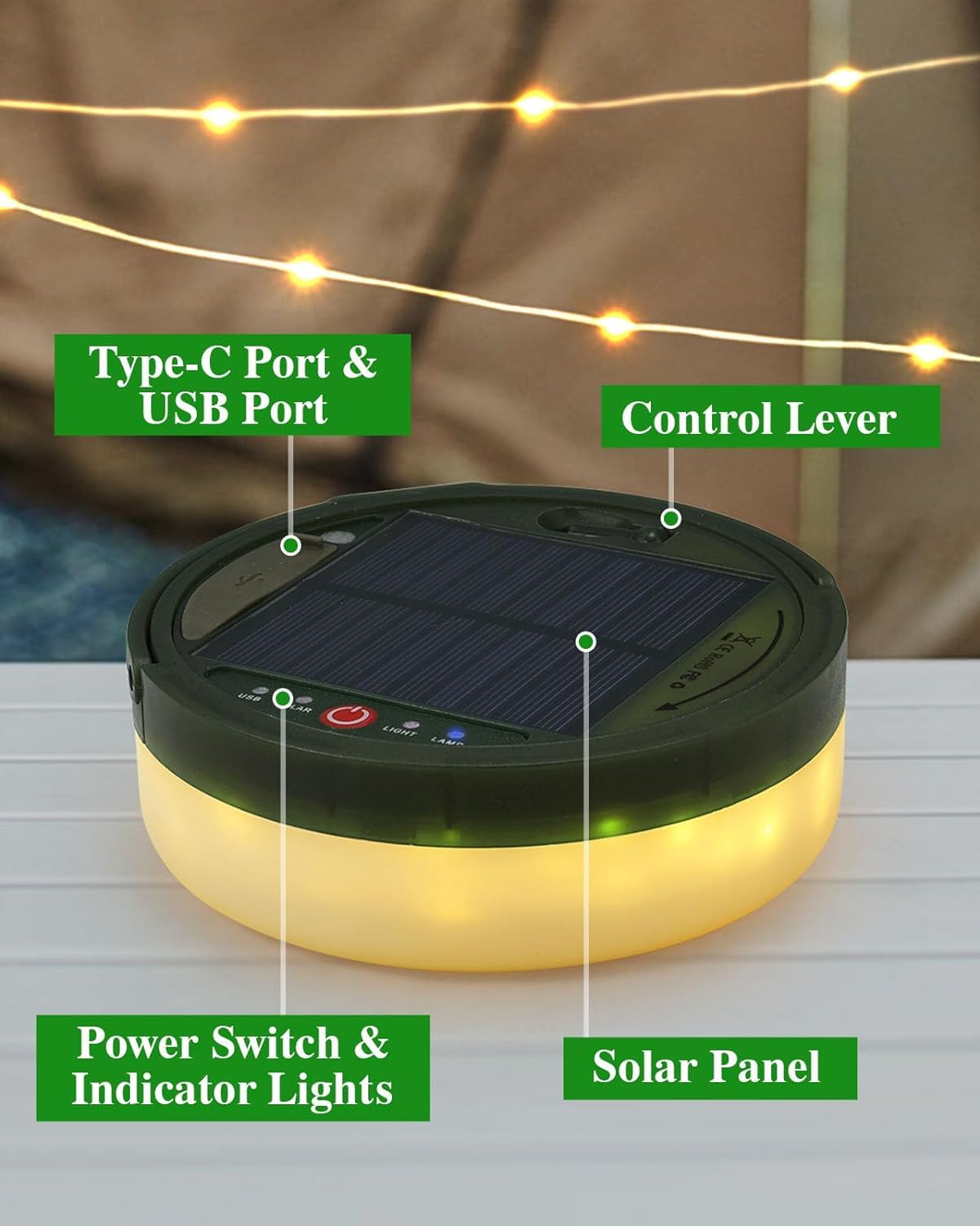 Outdoor solare impermeabile portatile retrattile stringa Light, 3 in 1 Camping String Light, 8 modalità di illuminazione (40 piedi) all'esterno, solare / USB lampada da tenda ricaricabile per
