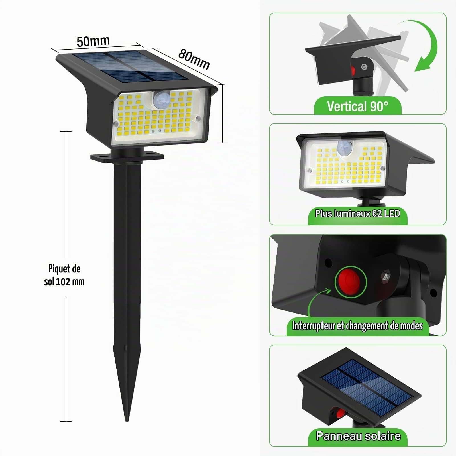 Lot de 6 Lampe Solaire Exterieur Detecteur de Mouvement, 62 LED Spot Solaire Exterieur 3 Modes Eclairage Exterieur Solaire, Etanche IP65 Lumiere Solaire Exterieur pour Jardin Allée Chemin Blanc Froid