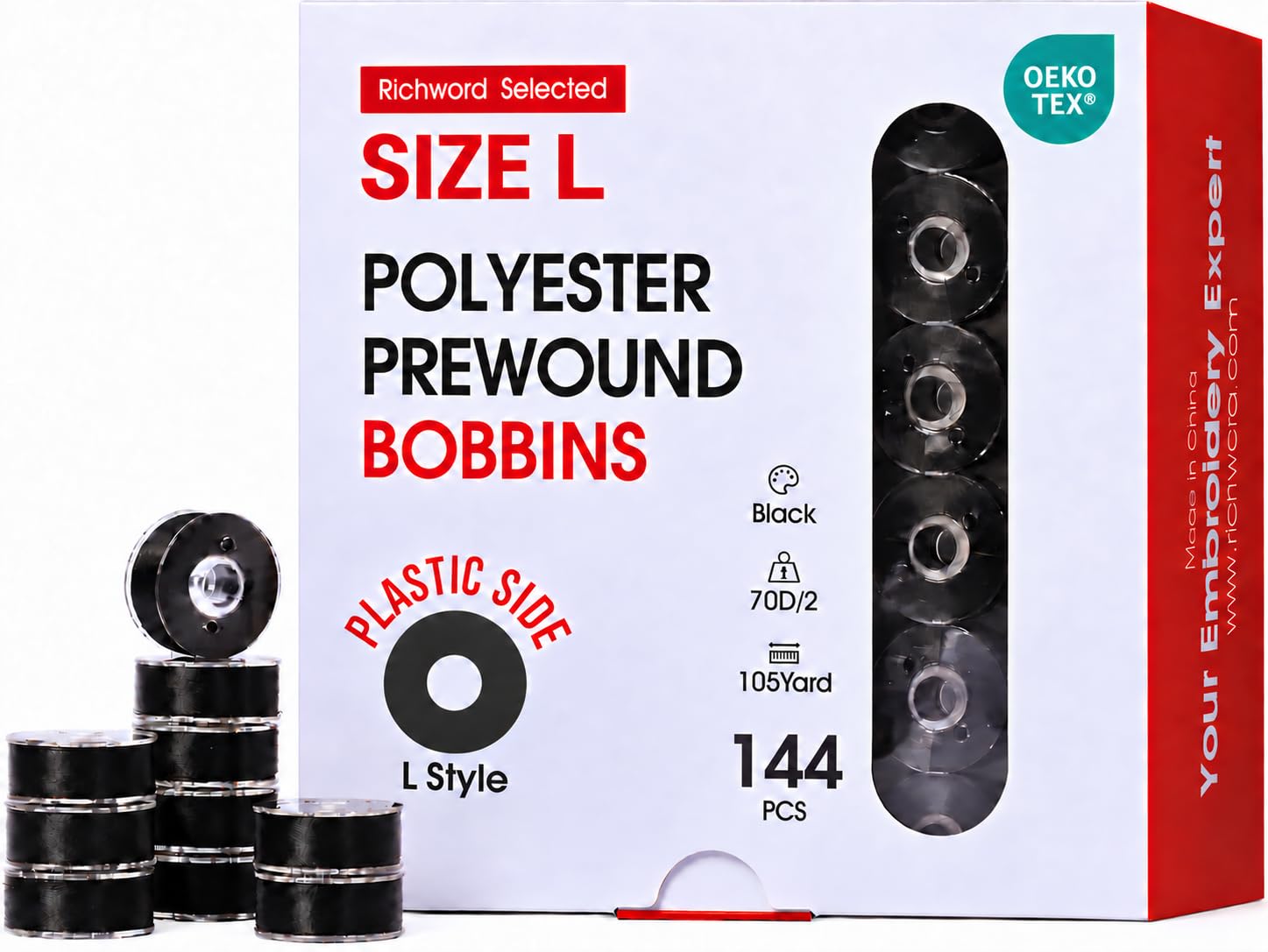 Poolin Size L(SA155), 70D/2(60WT) Plastic Sided Bobbin Thread Black