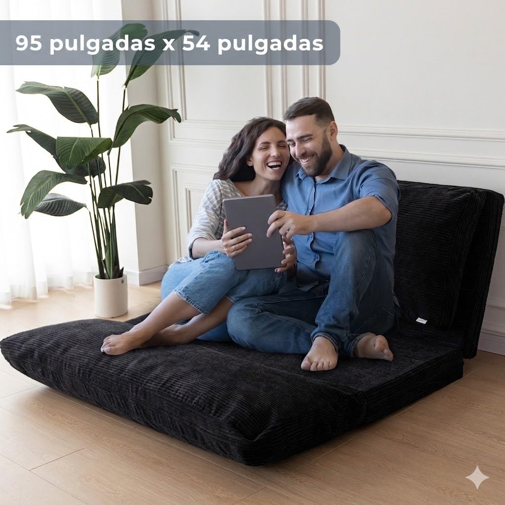 MAXYOYO - Puf plegable de pana con relleno de espuma, extra grueso, 4 capas, colchón/sofá de suelo para adultos, funda extraíble y lavable a máquina, color negro, 135 x 240 cm