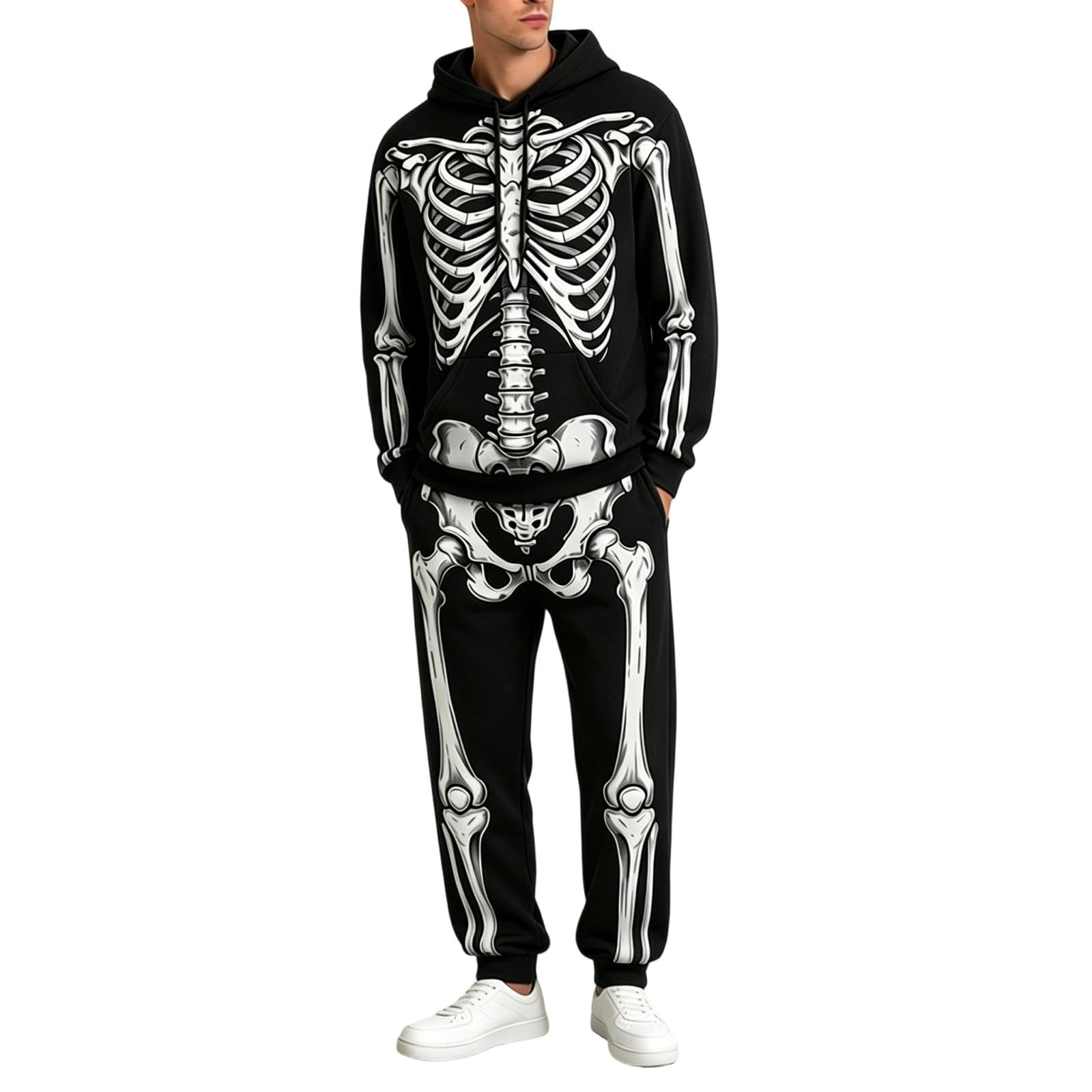 Didadihu Halloween Skelett Kostüm für Herren mit Kapuze Winddicht Atmungsaktiv Bequem Costume Outfit Weich mit Knochen und Kordel Düster Mystisch Horror Gruselig für Motto Party Cosplay