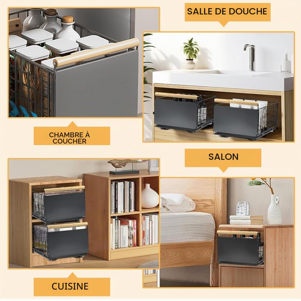 Organiseur d'armoire extractible, tiroir de rangement robuste avec poignées en bois, tiroir coulissant extensible sans perçage (39,5 x 23,5 x 19,5 cm)