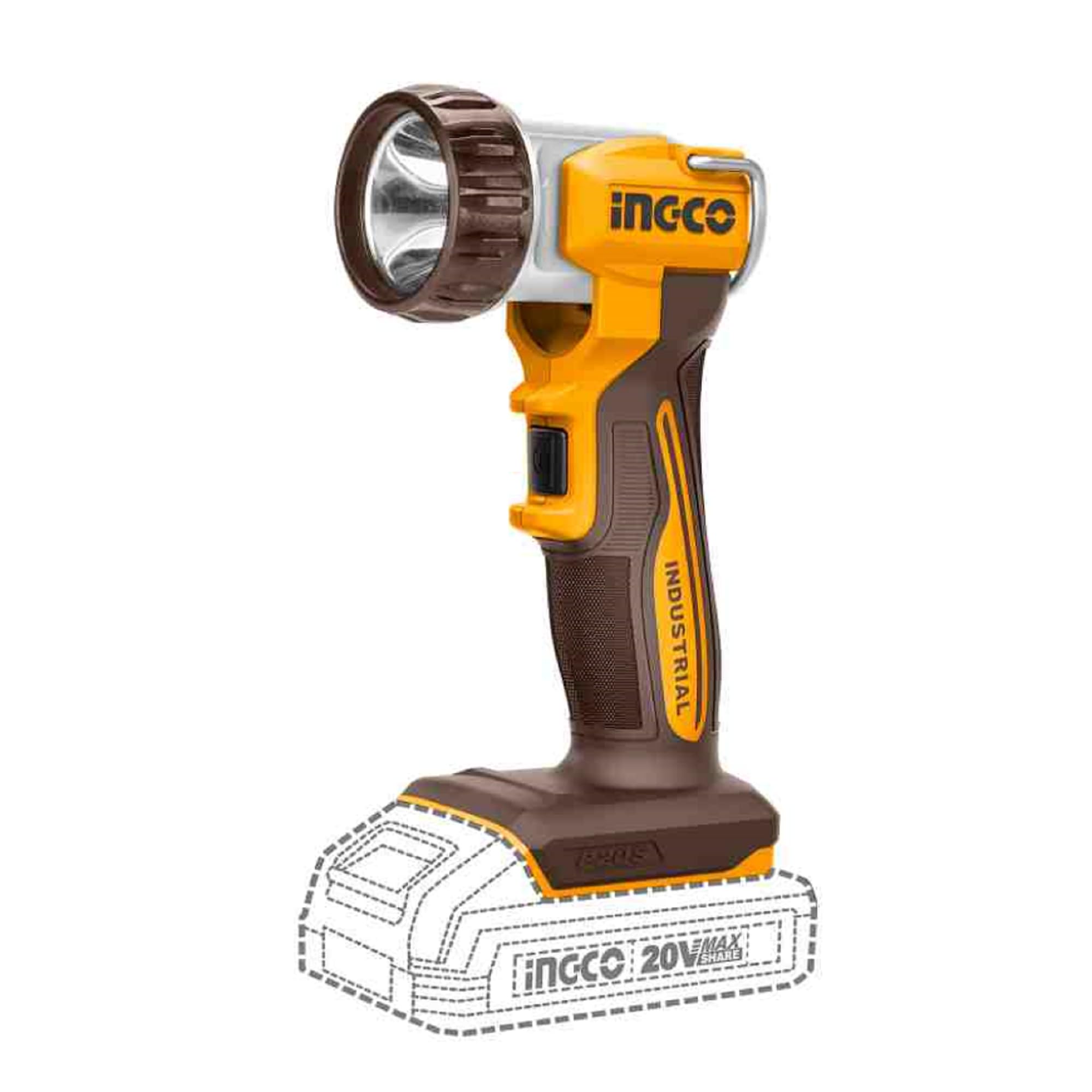 Ingco 20V Lithium-Ion Cordless Torch (Body Only), 5W, 2 Brightness Modes CWLI2058
