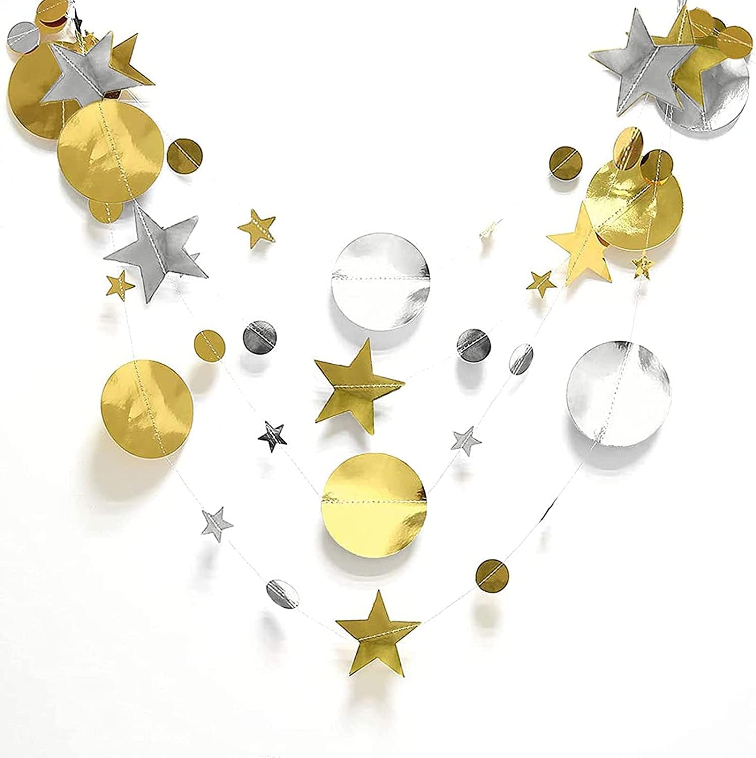 Star Moon Circle Dot Garland, 4 Packs Gold Silver Glitter Circle Dot Garland Star Banner EID Mubarak Garland Party Streamers Backdrop for Ramadan Wedding Home Garden Decorations, 52ft