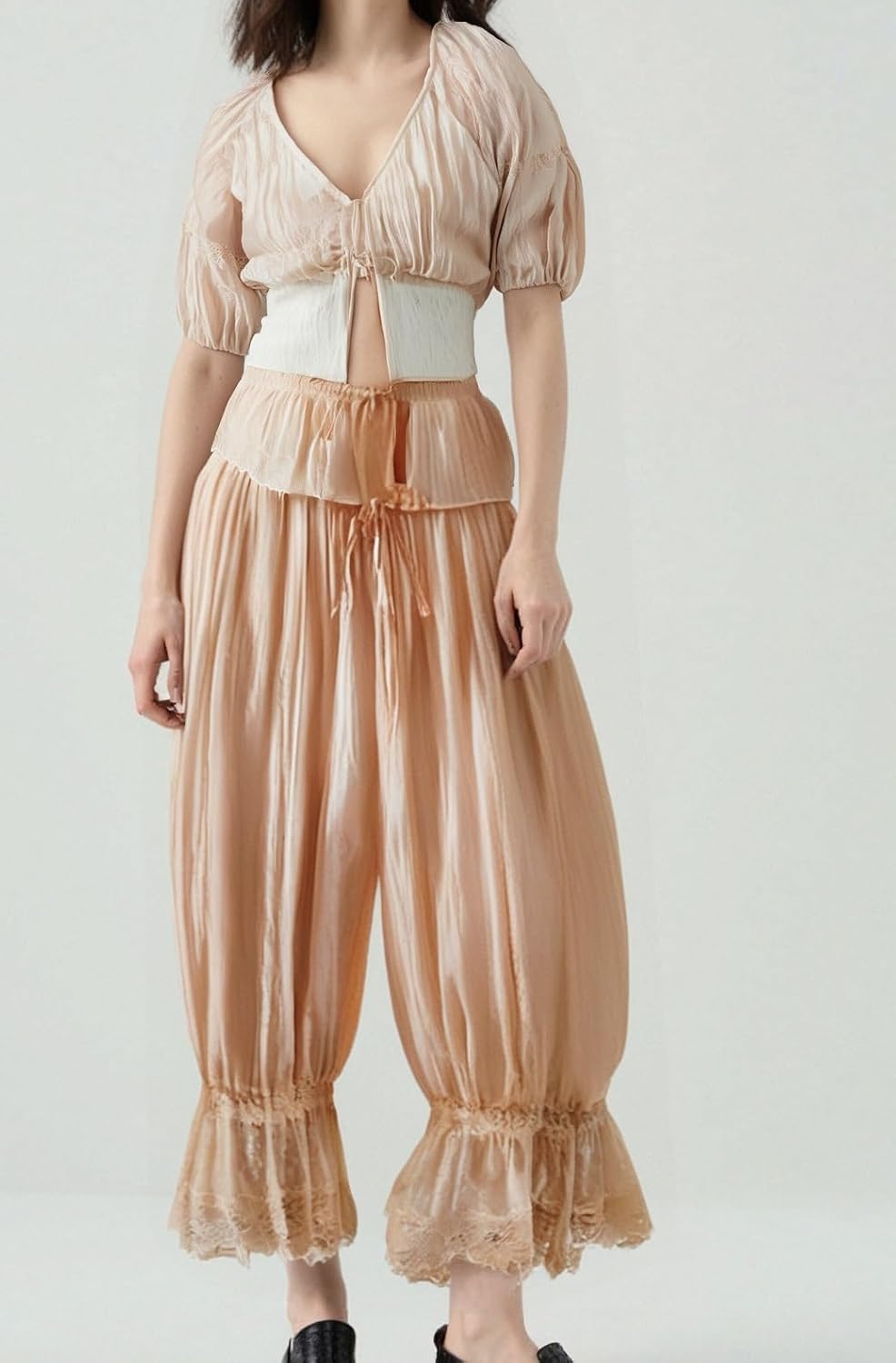 UAURORAO Women Lace Trim Long Bloomers Elastic Mid Rise Ruffle Pantaloons Cropped Flared Slips Pants Pajama Bottoms - Image 3