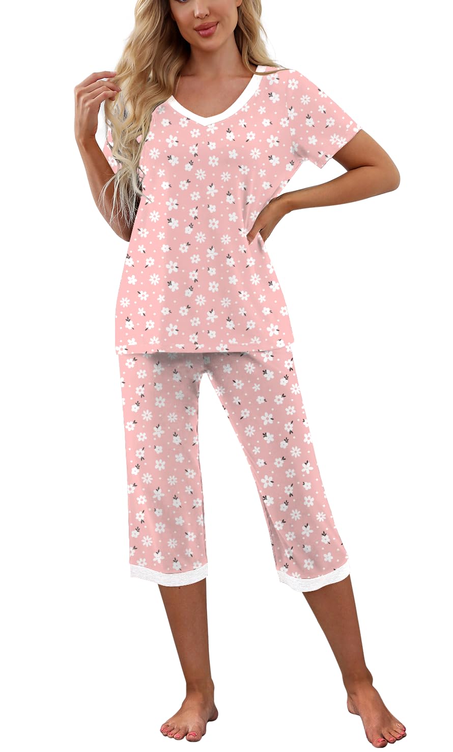 PrinStory Pigiama da donna con maglia a maniche corte e pantaloni lunghi