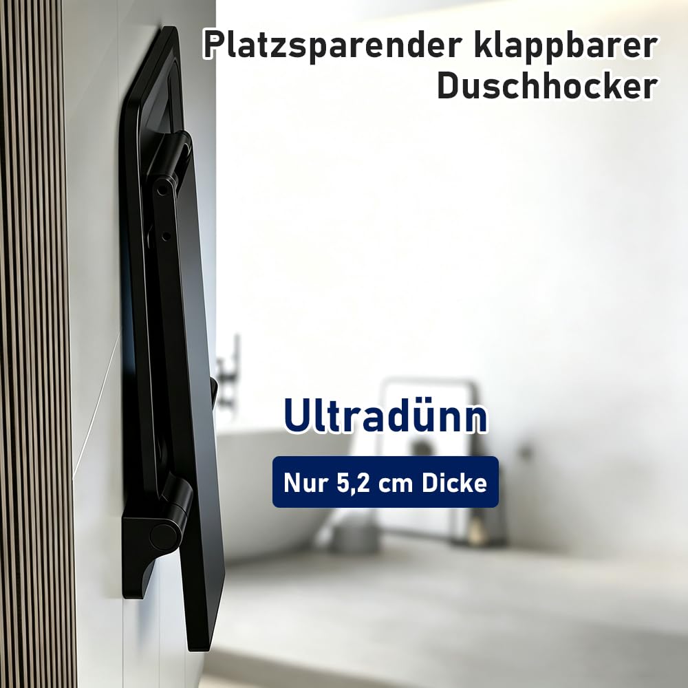 Duschsitz Klappbar Wandmontage,Duschhocker Klappbar mit Dämpfung,40x34.5cm Hocker belastbar bis 200 kg,Badezimmerhocker platzsparender Wandduschhocker für Badezimmer Renovierung&Neubau,Schwarz