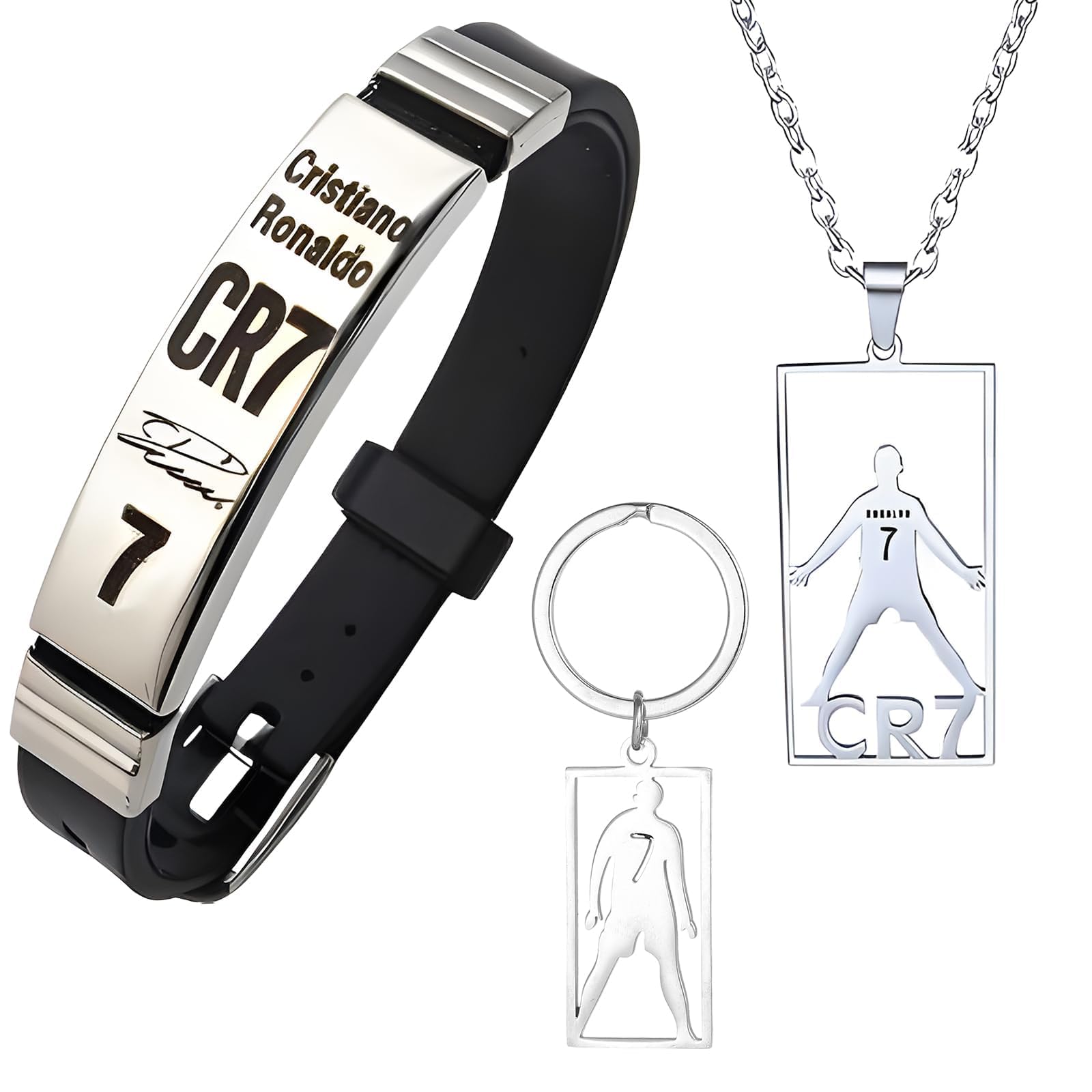 Juego de accesorios de fútbol 3 piezas CR7, pulsera, collar y llavero, elegante y sencillo