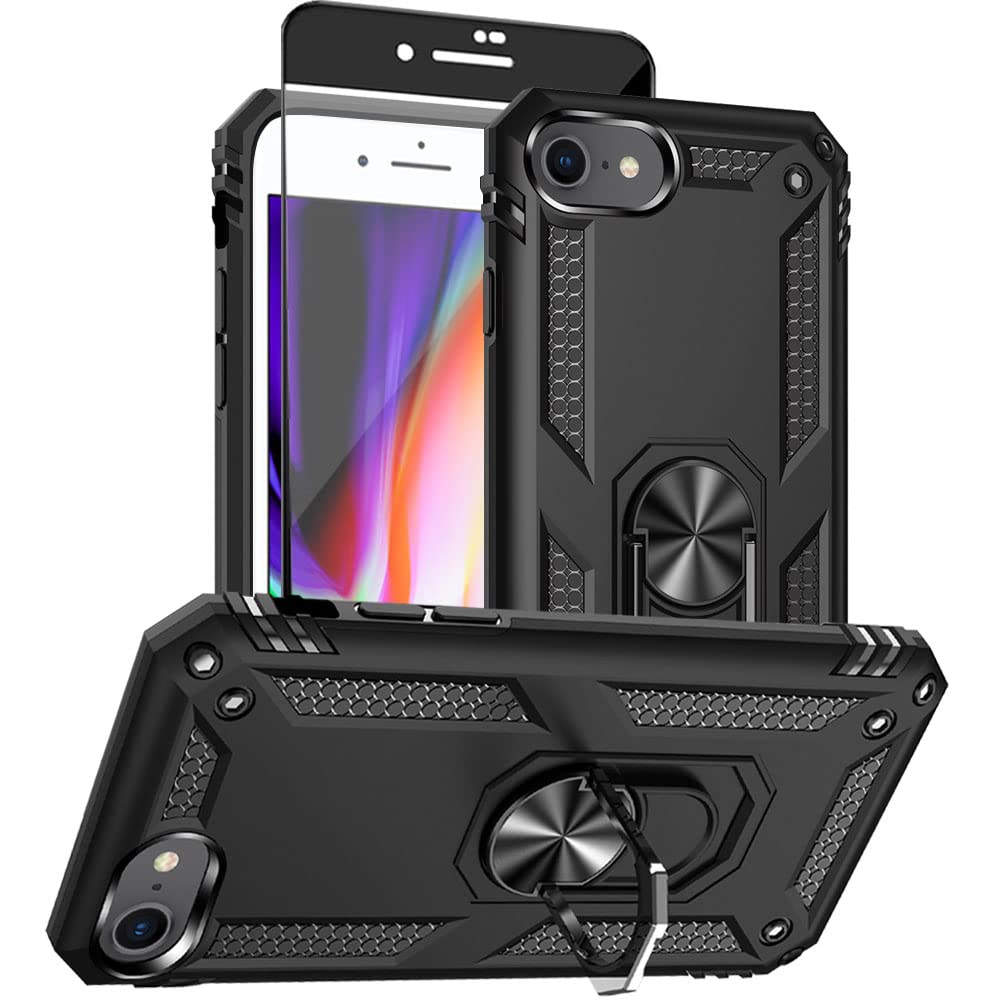 Aozuoton for iPhone SE Case 2022/2020/3rd/2rd: iPhone 8/7 case with HD Screen Protector, [Military Grade 16ft. Drop Tested] Ring Shockproof Protective Phone Case for iPhone 8/7,Black