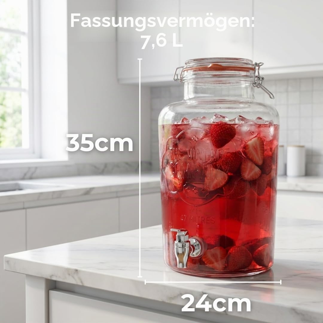 Getränkespender aus Glas mit Zapfhahn, 7.6 Liter Fassungsvermögen, sicherer Schraubdeckel, breiter Flaschenhals/Retro Glas Design, perfekt für Wasser, Saft, Cocktails & mehr