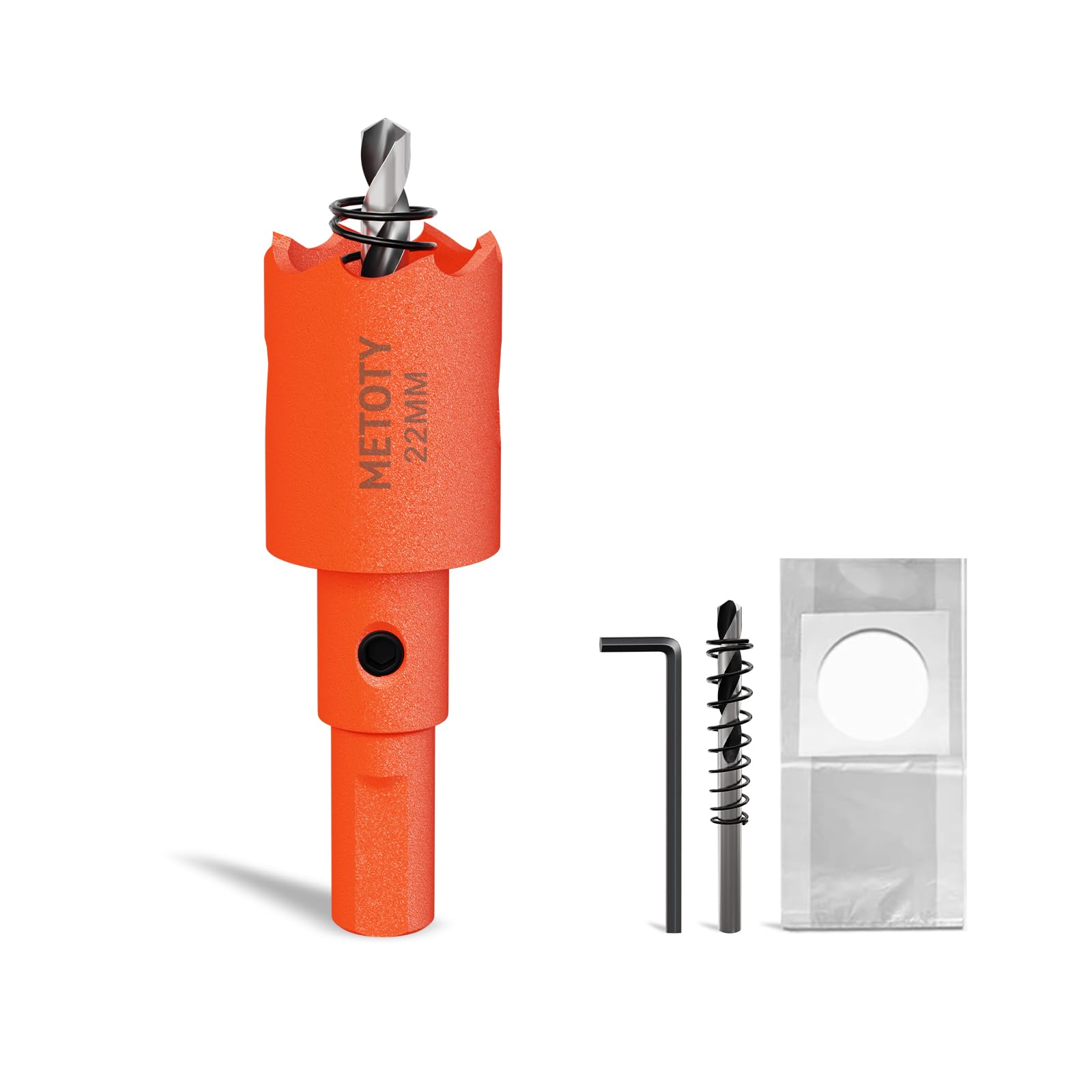 METOTY 22mm Bi-Metal Hole Saw,Universal HSS M42 Hole Saws,with Triangular Shaft Adapter and Centring Drill, One Free Dust Bag for Aluminum, Metals, Plastics, Acrylic Glass, Wood, Gypsum board