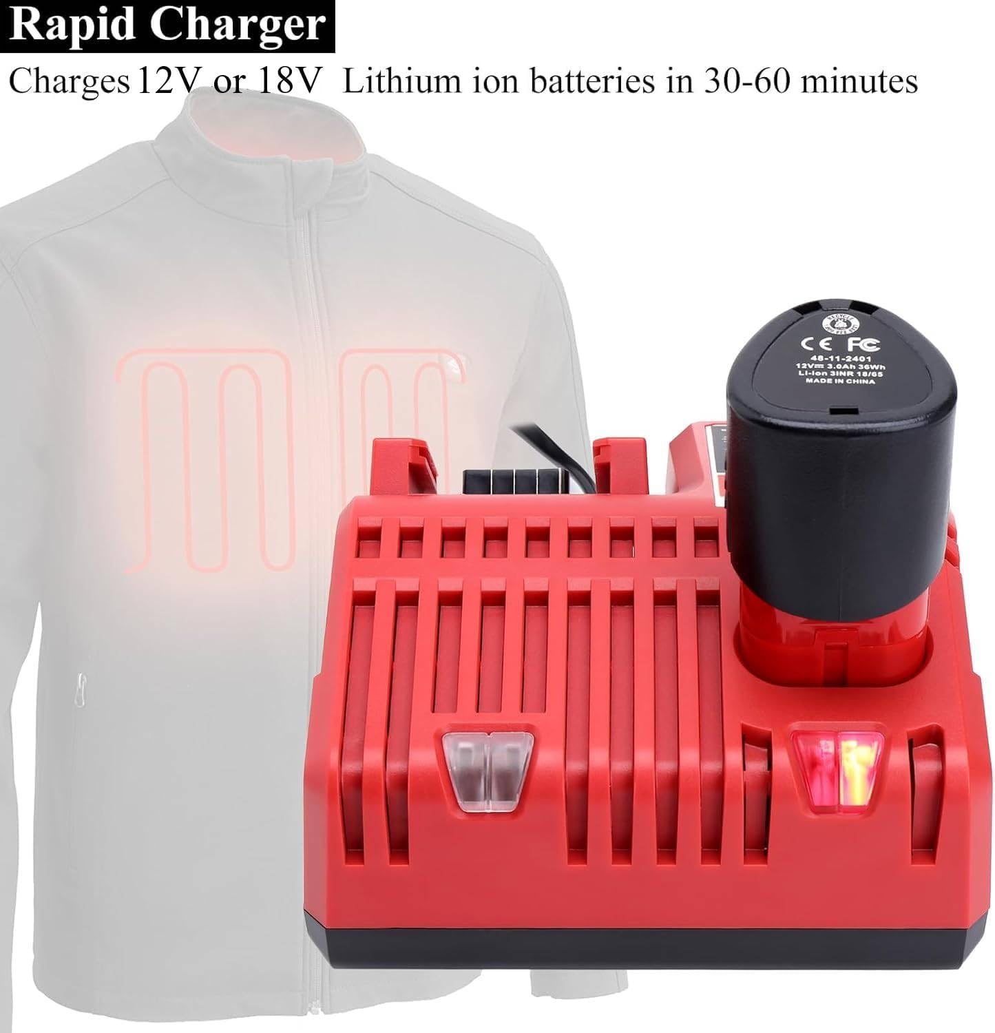 Lasica 12V 18V Multi-Voltage Battery Charger Compatible with Mil-Waukee 3.0A 12V/18V 48-59-1812 Rapid Charger Compatible with Mil-Waukee Lithium Heated Jacket Power Tool Battery Packs