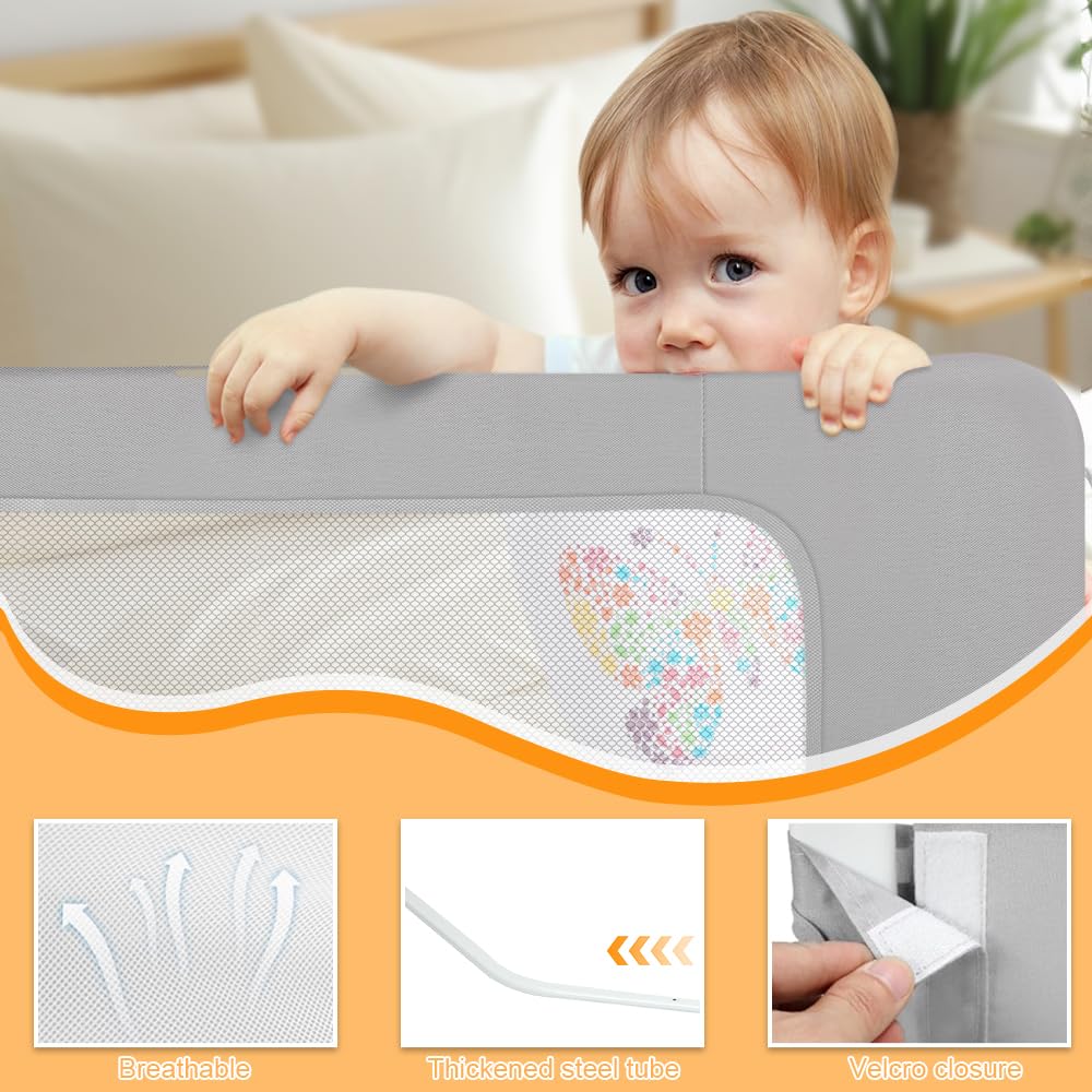 HUOLE Sponda di Sicurezza per Bambini, Barriere per letto,Barriera Letto Grande binari del letto per bambini per bambiniSponde Letto Bambini, Sponda per letto-150 * 73-86 cm - Grigio
