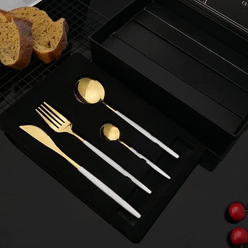 Miniatura 49 de JASHII Juego de cubiertos de 24 piezas con caja de regalo, juego de cubiertos de acero inoxidable para 6, regalo de inauguración de la casa, mango