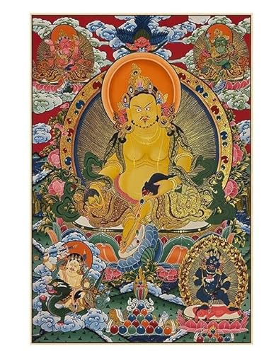 GETSTREE Tangka hangt vijf kleuren geel God of Wealth veranda decoratief schilderij Tibetaanse Boeddha standbeeld woonkamer kantoor geluksschildering Houtkleurige buitenste frameNatuurlijke frame