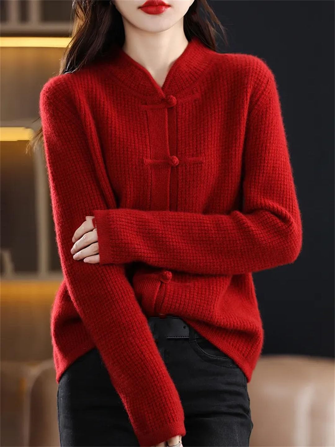 Alloaone Cárdigan De Lana para Mujer Chaqueta De Cachemira Tejida con Cuello Medio Alto Informal