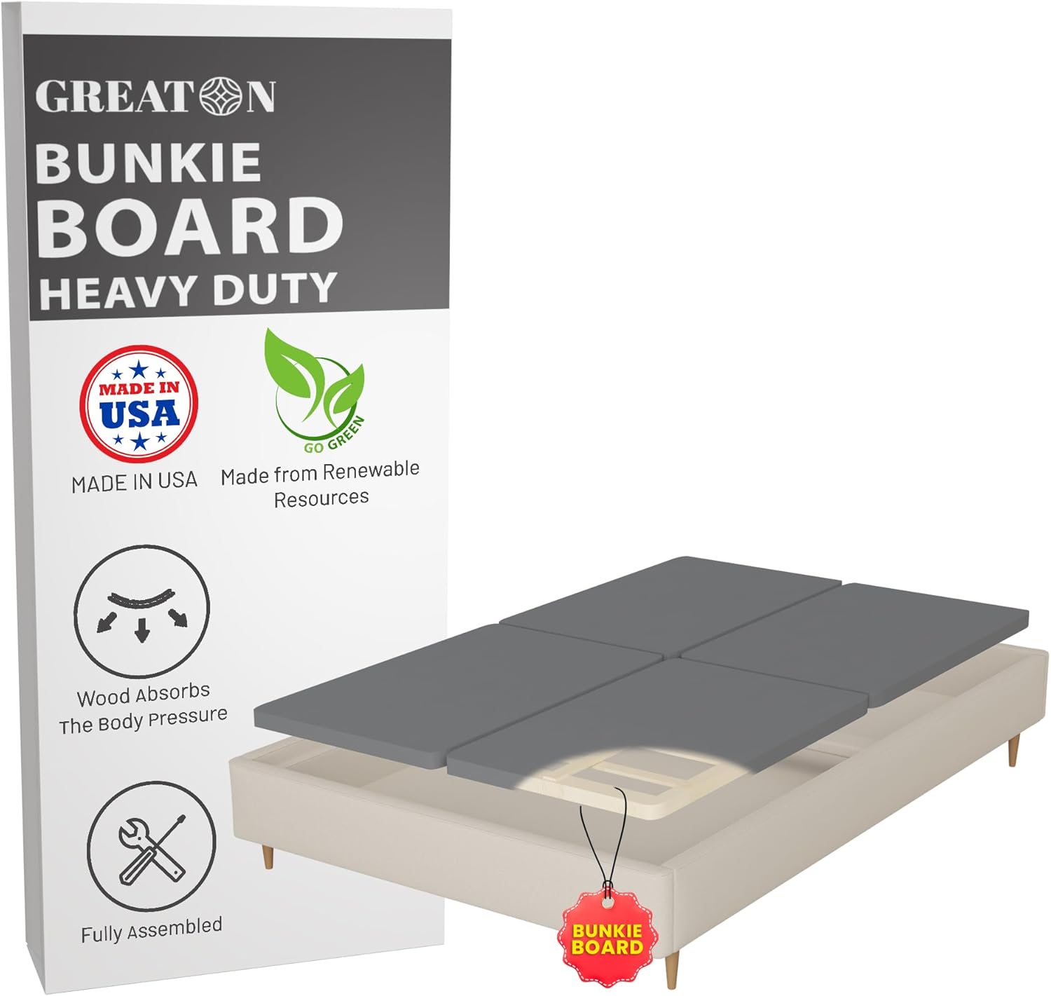 Greaton 1.5" Split Wood Bunkie Board for King Size Bed - 4-Piece Under Mattress Support Board, Fully Assembled, Fabric Ventilation Cover - Replaces Wooden Slats or Box Spring for Bed Frames King(Fold) Old Version