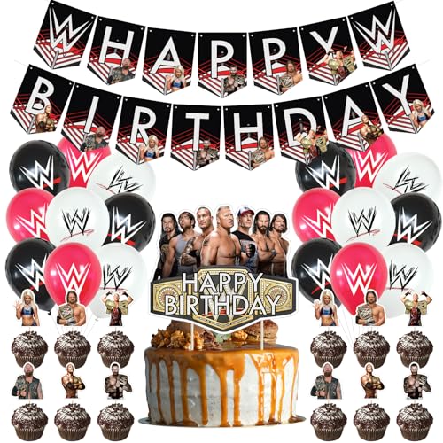 Wrestling Birthday Decorations Wrestling Party Supply include Happy Birthday Banner Cake Topper Cupcake Toppers Balloons for Kids Adults Party Decorations (Black)
