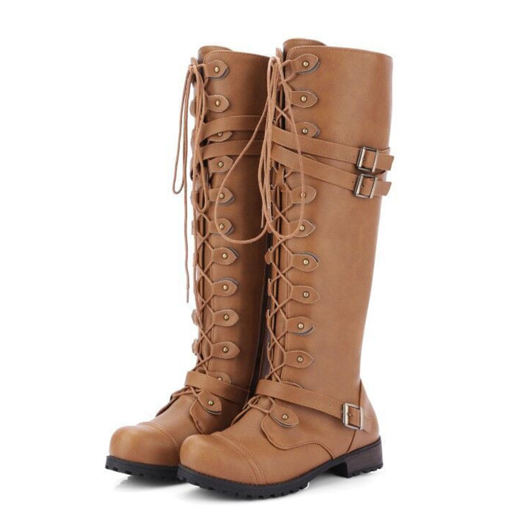 SHEMEE Womens Flat Combat Boot Buckle Riding Knee High Boots Lace Up Chunky Low Heels Gothic Motorcycle Boots