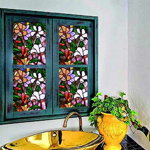 Image of Elton 3D Window Films Privacy Film Self Adhesive Decorative Film for Bathroom Door Window Heat Control Anti UV 24 x 192 inches(Green Flower-Vinyl