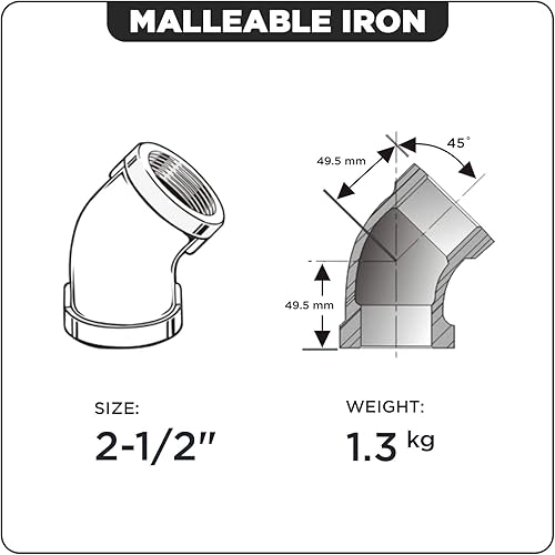 Miniatura 4 de Everflow Suministra BMFF0212 2-12 "Codo de hierro maleable de 45 grados para altas presiones con rosca hembra conecta y acabado negro