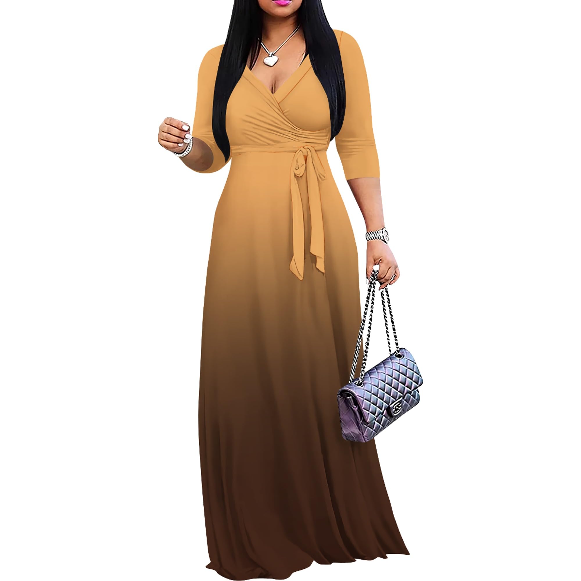 PinkPatty Women's Plus Size Maxi Dresses Casual Flowy 3/4 Sleeves Dress Printed Vacation Dress for Daily Wear with Belt