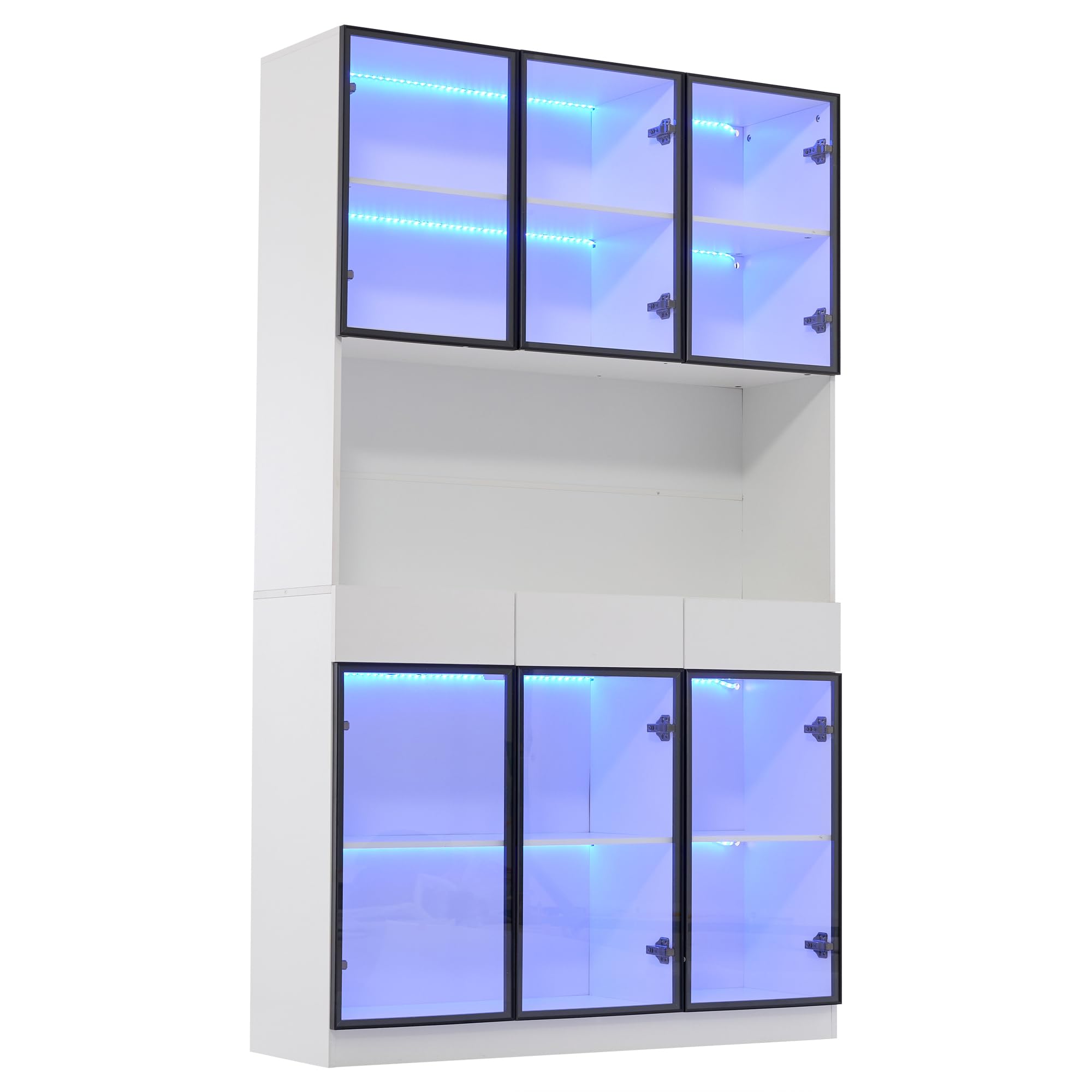 Dolamaní Vitrinenschrank mit LED Beleuchtung, 36x120x200 cm, Vitrine mit 6 Glastüren und Arbeitsplatte, Glasschrank für Wohnzimmer (Weiß A)