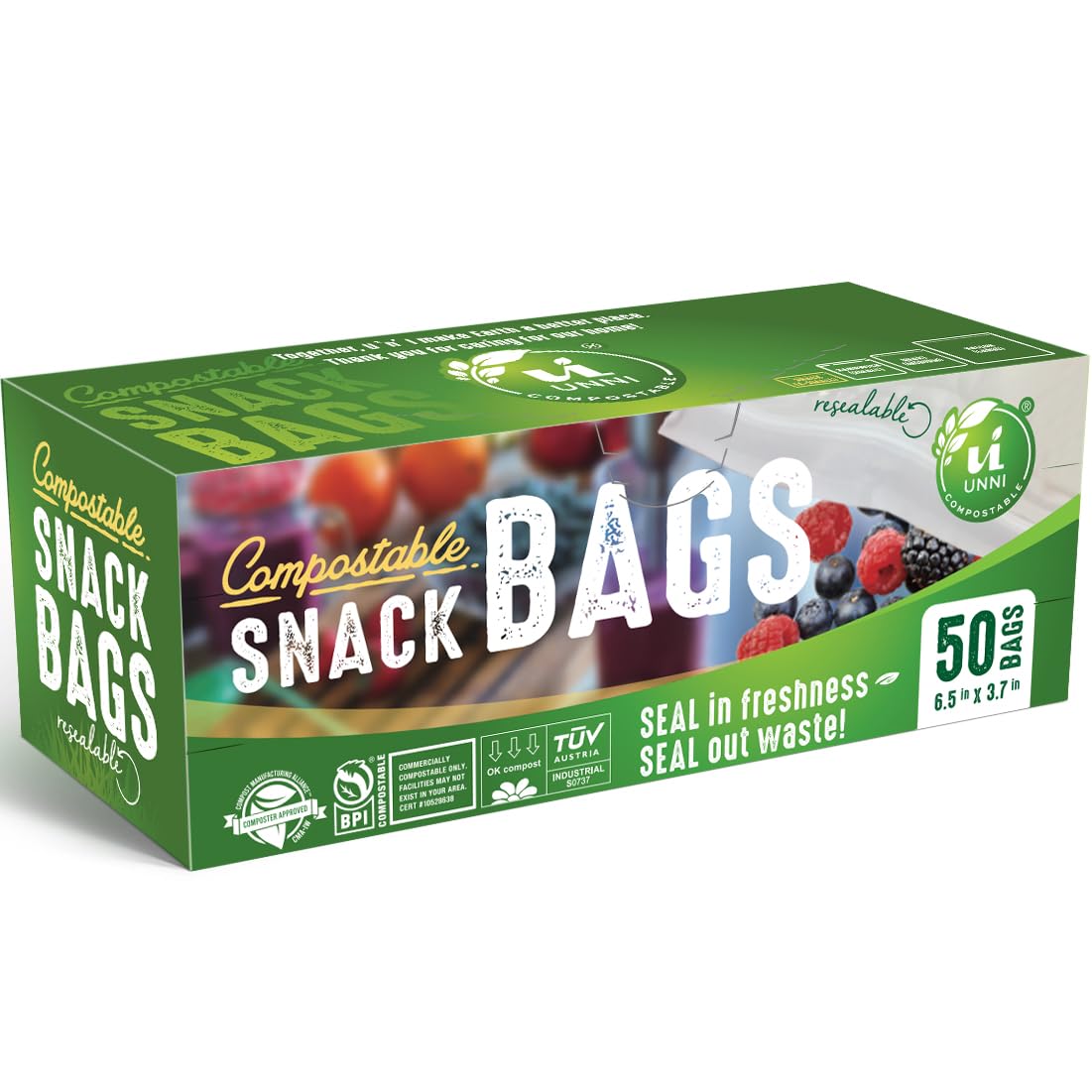 UNNI Compostable Snack Bags, Resealable Compostable Food Storage Bags, 50 Count, 6.5 x 3.7 inches, Earth Friendly Highest ASTM D6400, US BPI, CMA & Europe OK Compost Certified, San Francisco