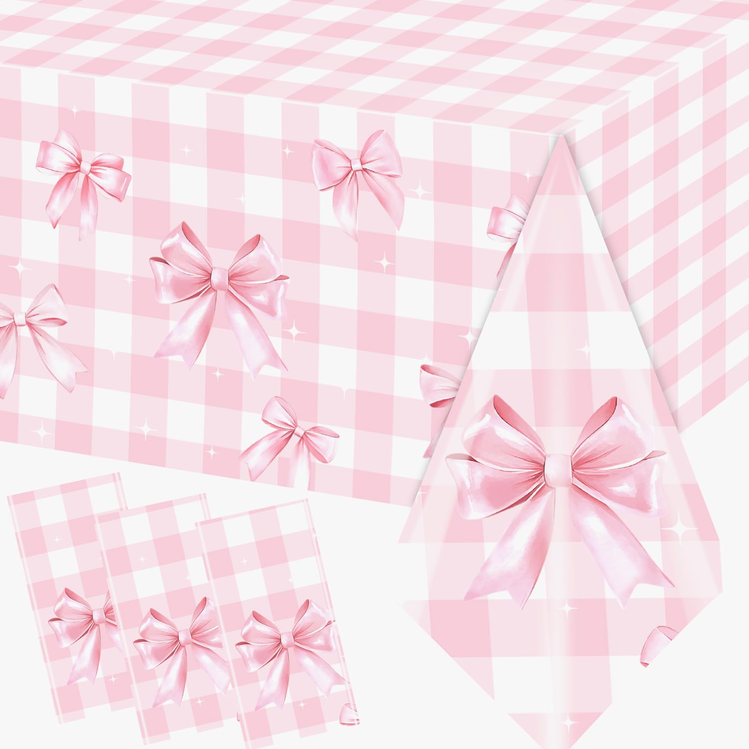 3Pcs Pink Bow Tablecloths-Coquette Birthday Decorations Girls Pink Gingham Bow Theme Plastic Table Covers for Baby Shower,Wedding,Birthday Party