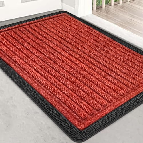Image of Yellow Weaves 1 Pc Door Mat for Home Entrance, Outdoor Rubber Mat - Non-Slip, Anti Skid Foot Mat, Dirt Trapper, Heavy-Duty, Weather-Resistant, Waterproof Doormat (40x60cms, Stripe, Red Color)