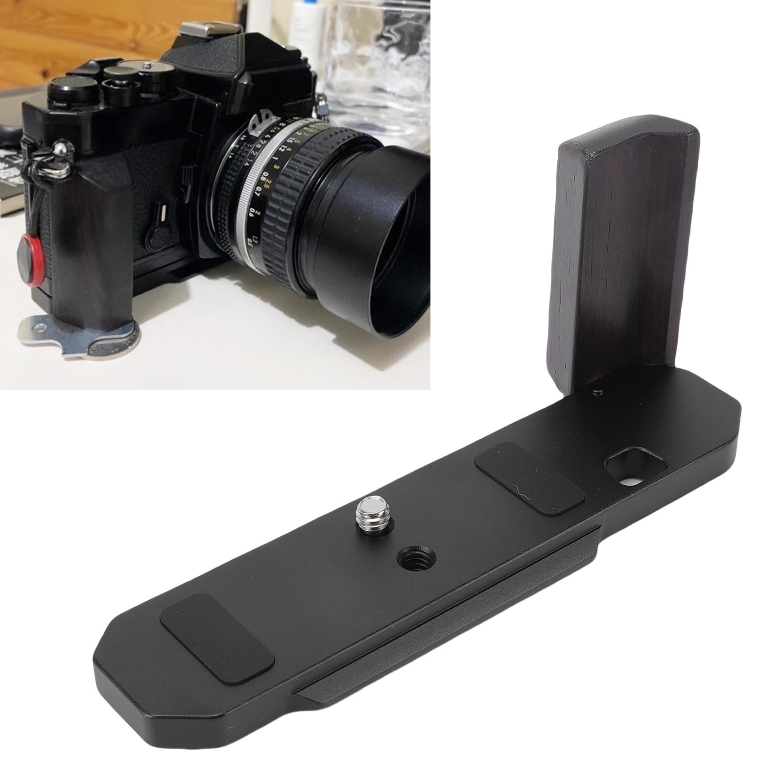 ASHATA Impugnatura per Fotocamera a Forma di L in Legno, Supporto per Piastra a Sgancio Rapido in Lega di Alluminio per FM2 FE2 FM3A, Impugnatura a L con Manico in Legno, Accessori per Fotocamera per