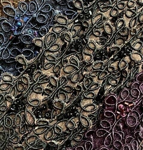Black with Brown Sheer Vintage Soutache Hand Sewn Bead Trim Appliques Scallop Rayon 1yd Fabric