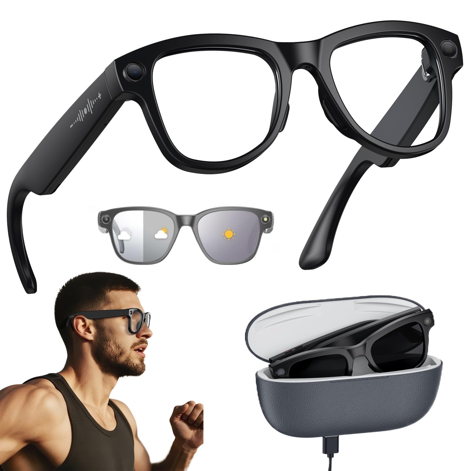 AI Lunettes Connectées Avec Boîtier De Charge 3600mAh, 800W Lunettes Bluetooth Connectées Avec Chat GPT, Lunettes Anti-lumière Bleue, Enregistrement Vidéo 1080p(Black+Black case)